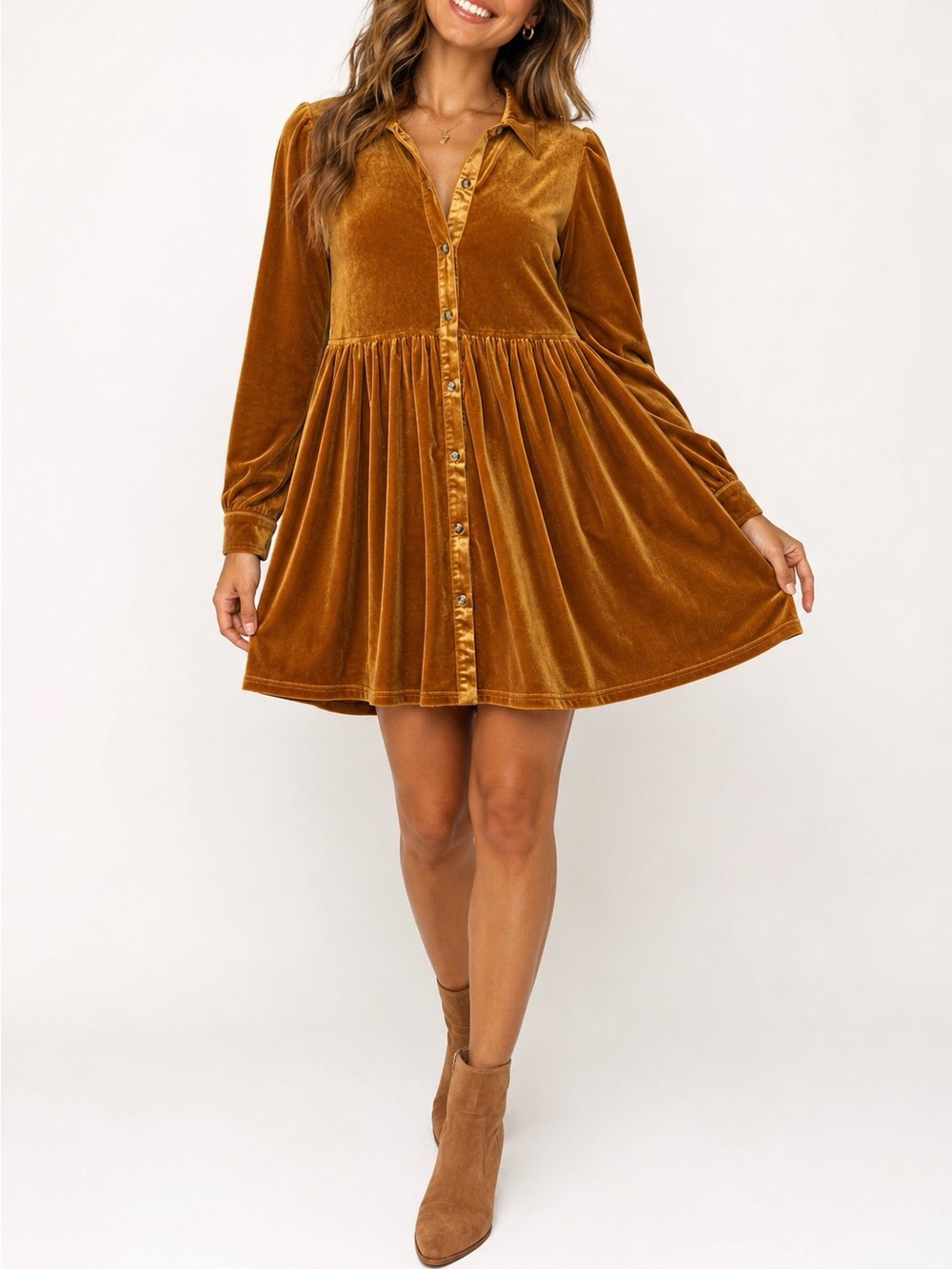 Jodifl Velvet Babydoll Tunic Dress Large Camel Rust Button Front Long Sleeve